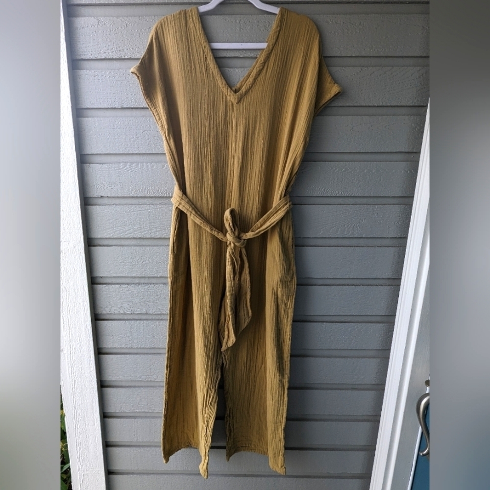 Pact Organic Cotton Tie Front Green Jumpsuit With Pockets Women's Size XS